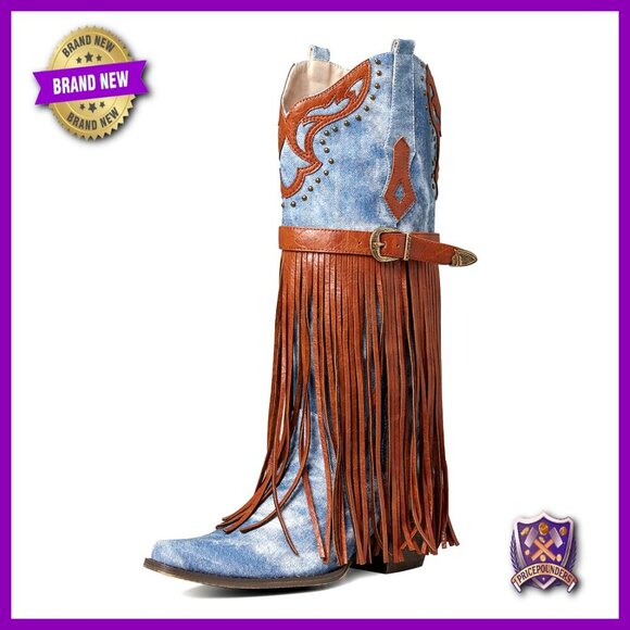 Shoes - Western Booties Pointed Toe Chunky Heel Embroidered Fringe Pull-On Mid Calf